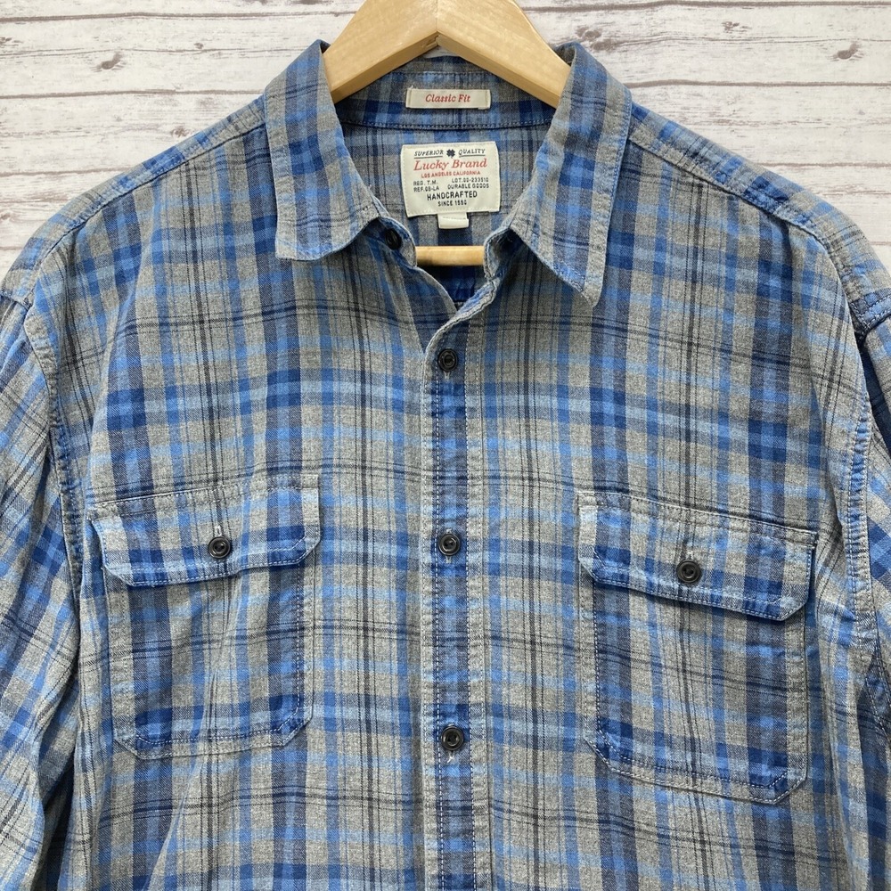 Lucky Brand Flannel Shirt Men's Large Gray Plaid Classic Fit True Indigo